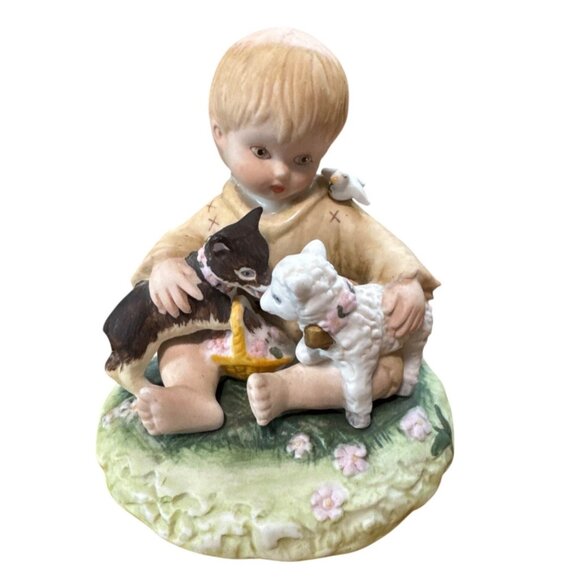 Little Francis Schmid Figurine Peace Prayer Collection 1992 Boy With Dog, Bird & - Picture 1 of 13